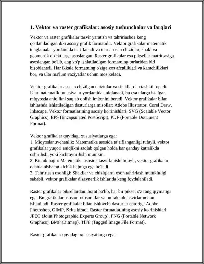VEKTOR VA RASTOR GRAFIK TASVIRLAR BILAN ISHLASH. “ADOBE PHOTOSHOP”, “INKSCAPE”, “GIMP”, “KRITA”, “PIXER”, “COREL DRAW”, “MACROMEDIA FLASH 8 PROFESSIONAL” DASTURIDAN BIRIDA HUJJAT YARATISH, ANIMATSIYA O‘RNATISH ASOSLARI 4