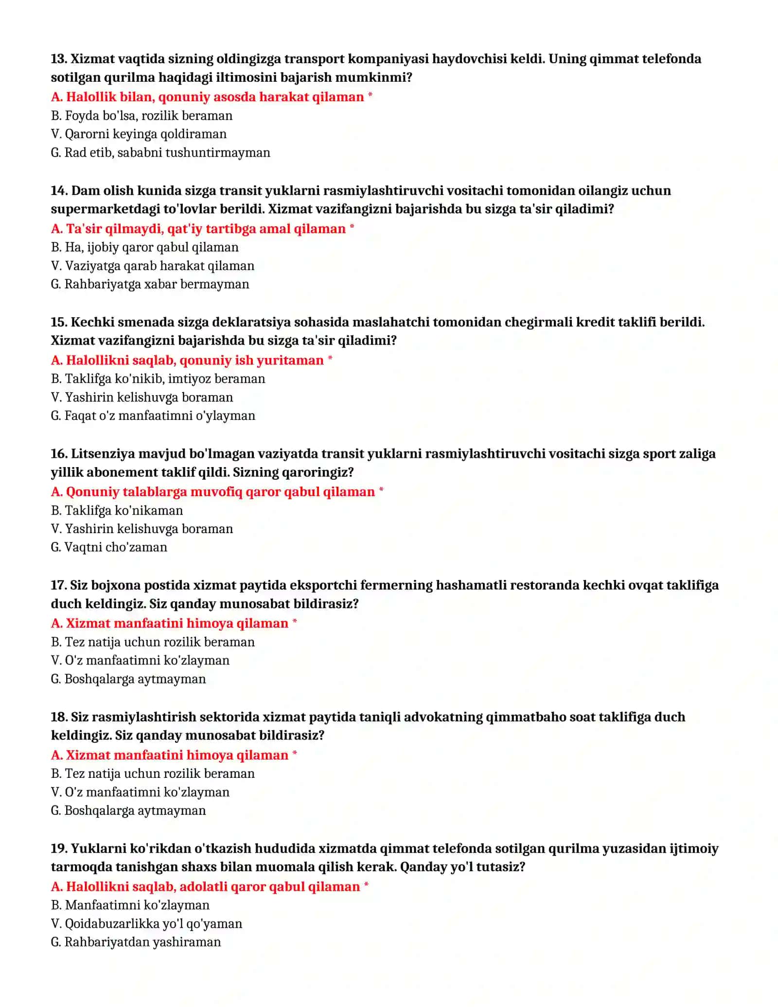 BOJXONA AKADEMIYASI - KASBIY TANLOV TEST SAVOLLARI (№ 24) 4