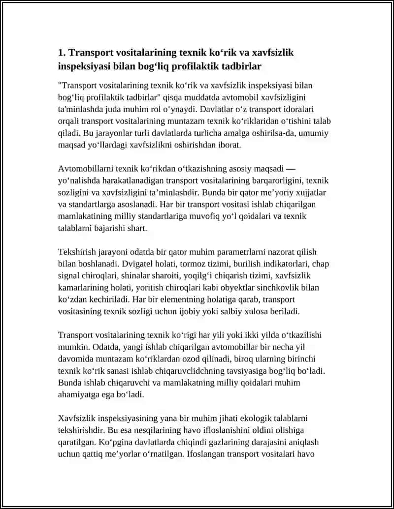 HARAKAT XAVFSIZLIGI TA MINLASHGA OID PROFILAKTIK TADBIRLAR. TRANSPORT VOSITALARINI BOSHQARISHDA EKOLOGIK TALABLAR 4