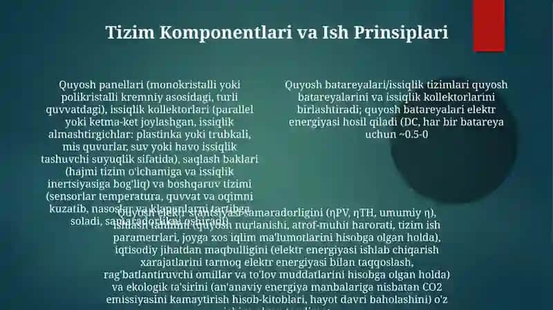 Quyosh fotoelektr-issiqlik qurilmalariga doir taqdimot tayyorlash 4