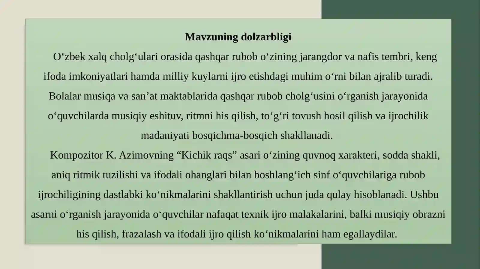 BMSMning 3-sinf o‘quvchilariga K.Azimovning “Kichik raqs” asarini qashqar rubob cholg‘usida o‘rgatish metodikasi 4