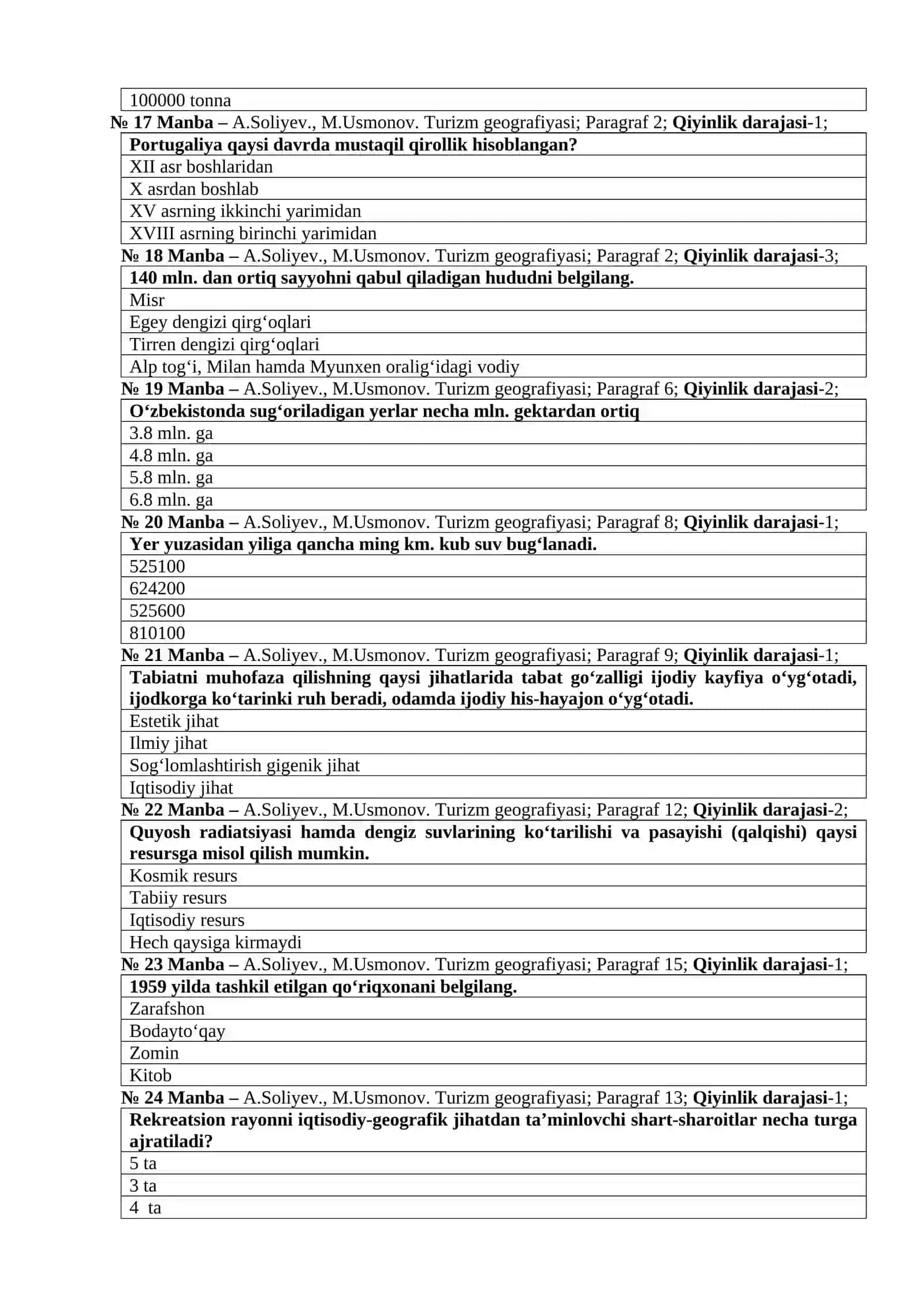 TURIZM VA REKREATSIYA GEOGRAFIYASI fanidan TEST SAVOLLARI 4