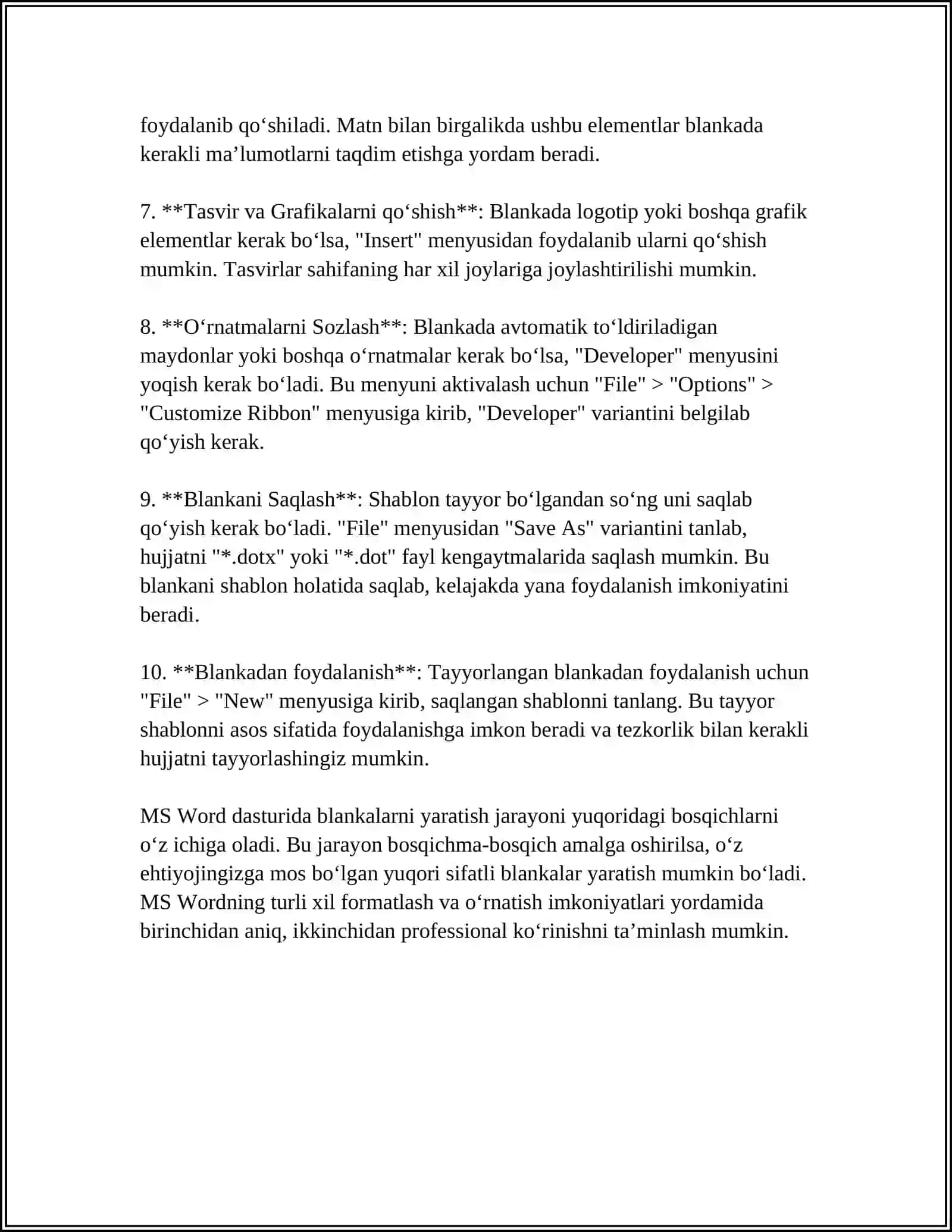 MS WORD MATN TAHRIRLAGICHUDA TURLI XIL BLANKALAR YARATISH 4