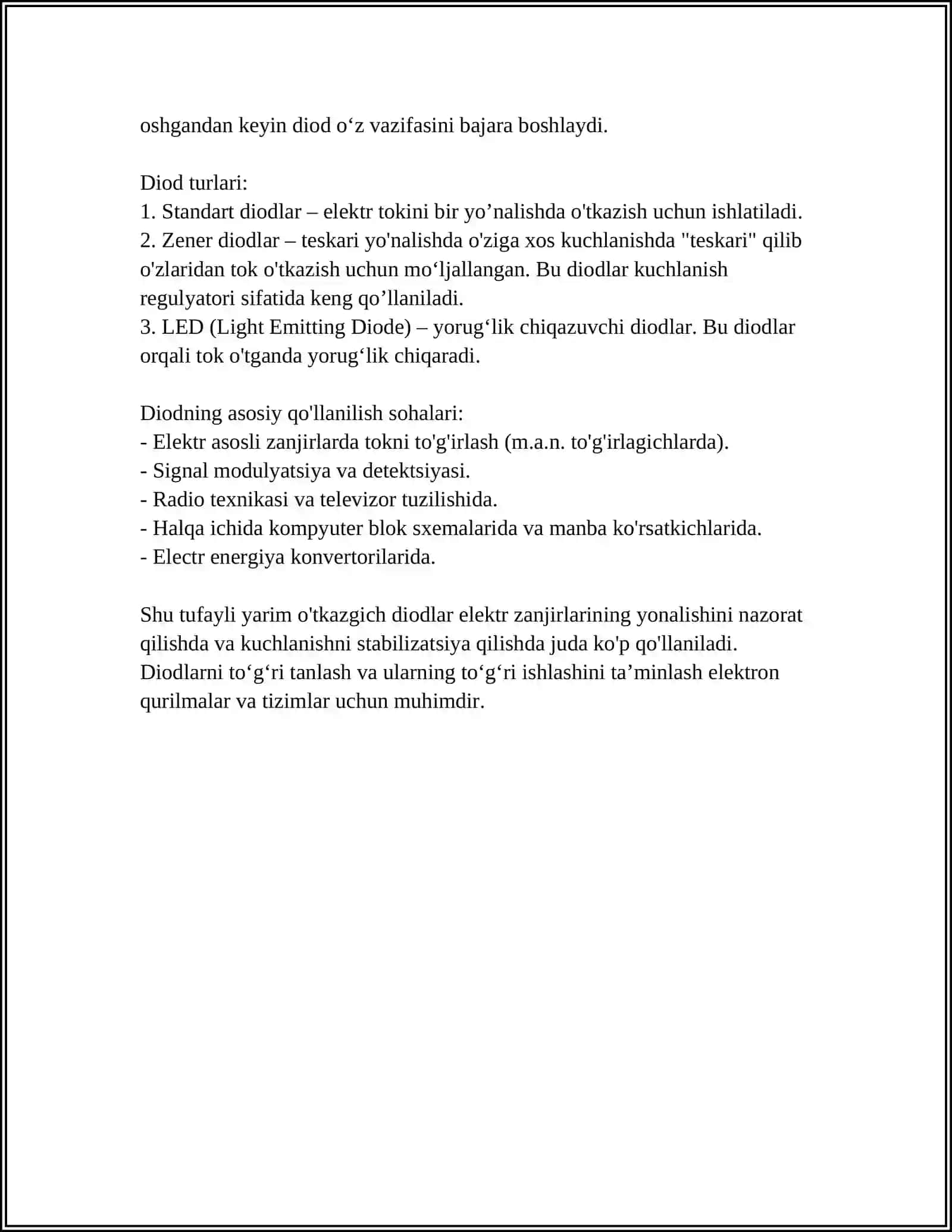 YARIMO‘TKAZGICH DIODLARNING EKVIVALENT SXEMALARI, QO‘LLANISH SOHALARI 4