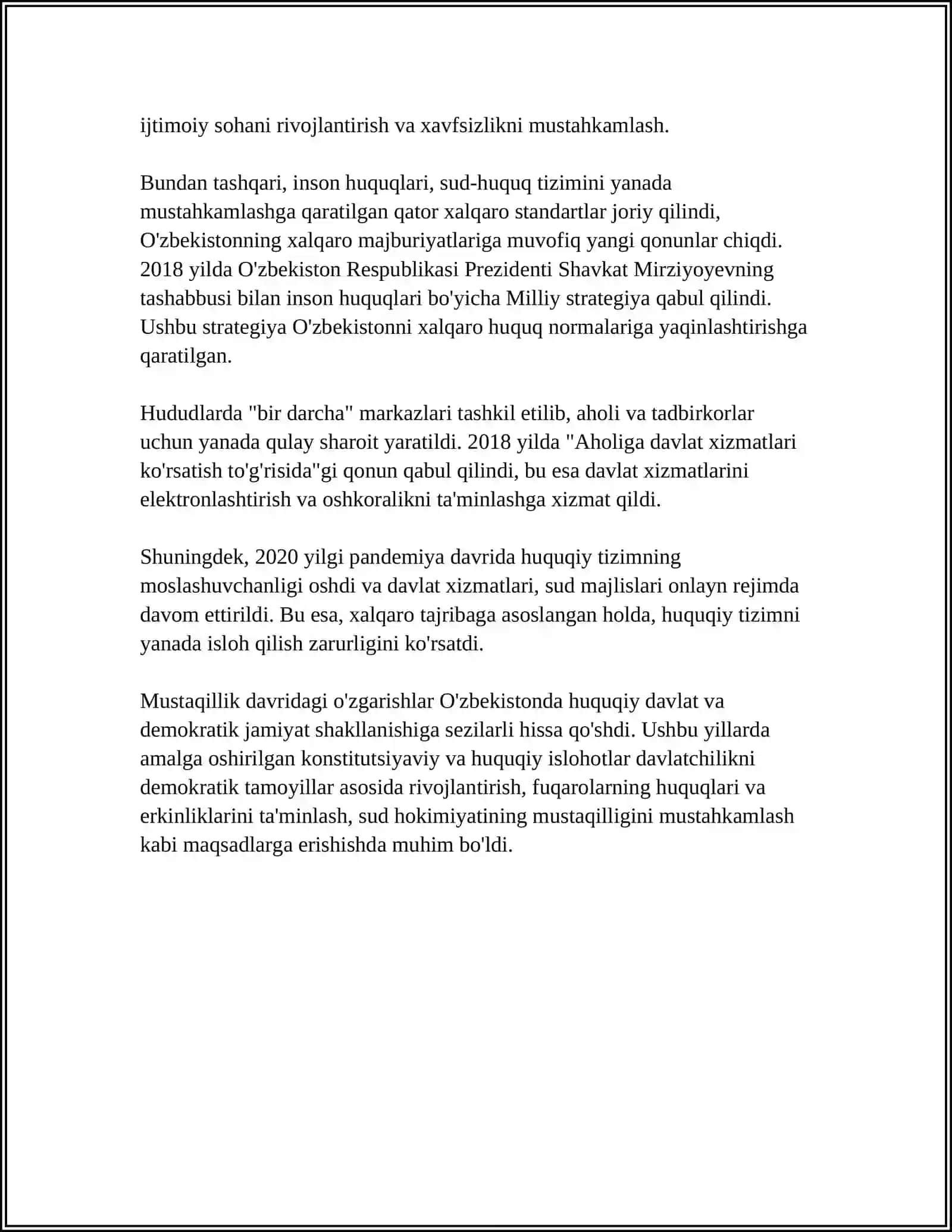 O'ZBEKISTONDA MUSTAQILLIK YILLARIDA DAVLAT BOSHQARUVI VA IJTIMOIY SOHADA AMALGA OSHIRILAYOTGAN O'ZGARISHLAR MAZMUN VA MOHIYATI 4