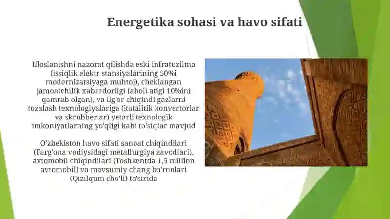 O'zbekistonda atmosfera havosini holati va uning musaffoligini saqlash chora tadbirlari 4
