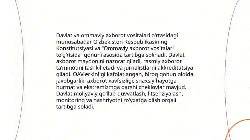 O'zbekiston Respublikasida ommaviy axborot vositalarining huquqiy asoslari 4
