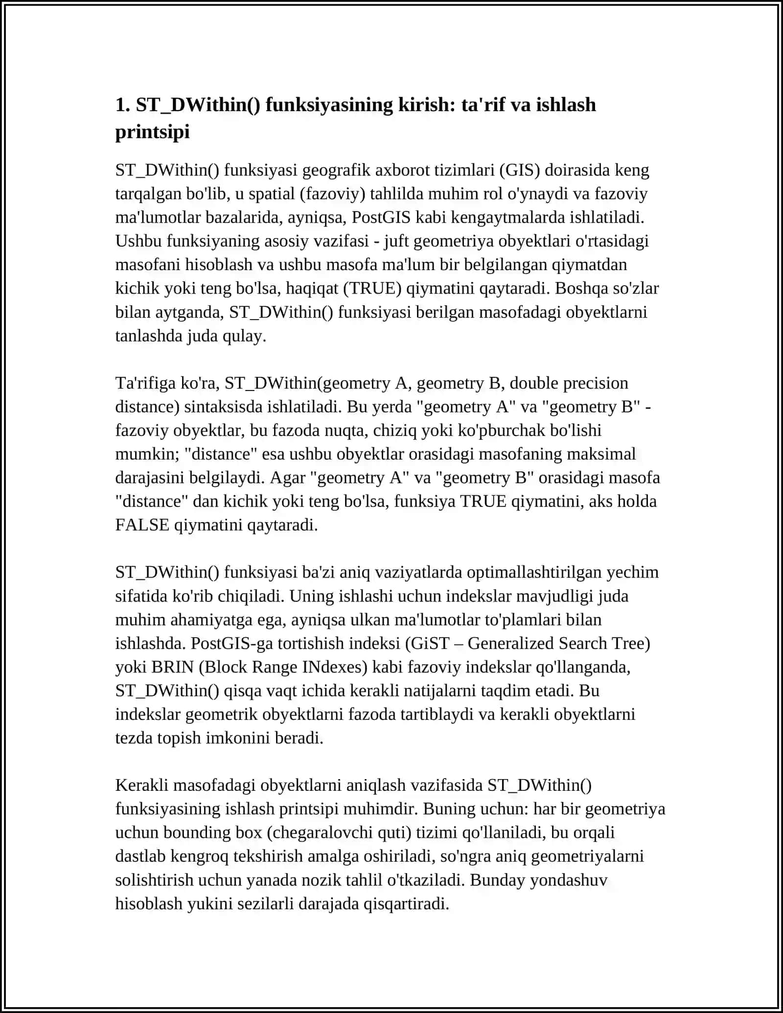 ST_DWithin() funksiyasi va belgilangan masofadagi obyektlarni tanlash va optimallashtirish 4