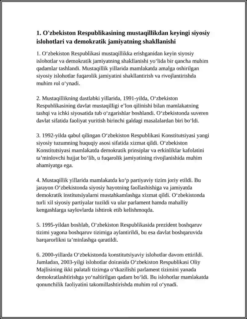 O'ZBEKISTONDA DEMOKRATIK, FUQAROLIK JAMIYATI ASOSLARINING SHAKLLANISHI, AMALGA OSHIRILGAN SIYOSIY ISLOHOTLAR 4