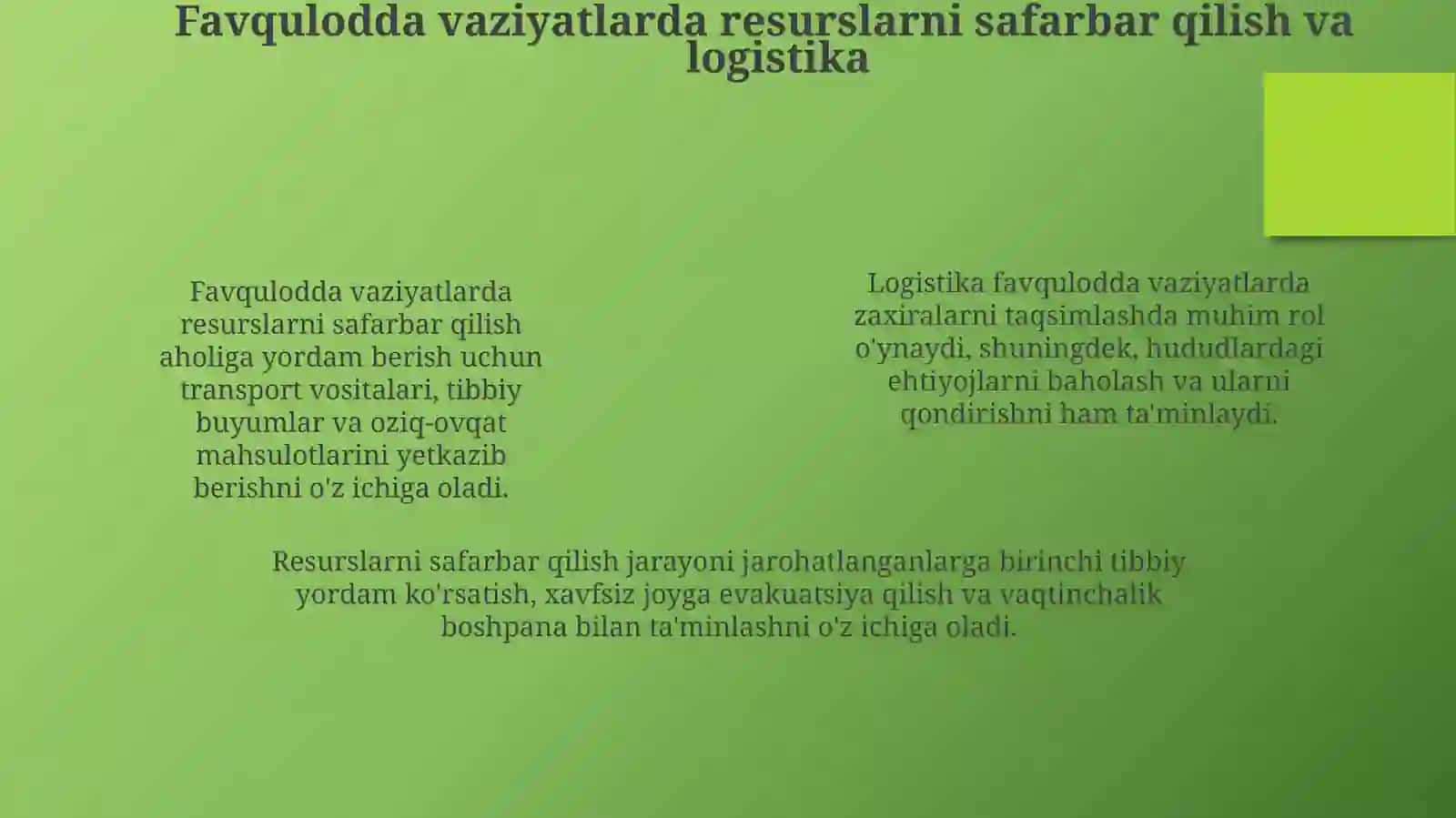 Aholining tabiiy ofatlar, katta falokatlar va tibbiy jihatdan ta'minlanishini tashkiletish 4