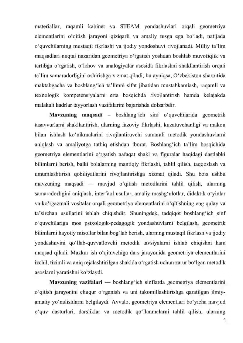 BOSHLANG‘ICH SINFLARDA MATEMATIKA O‘QITISHDA GEOMETRIRYA ELEMENTLARINI O‘RGATISH METODIKASI 4