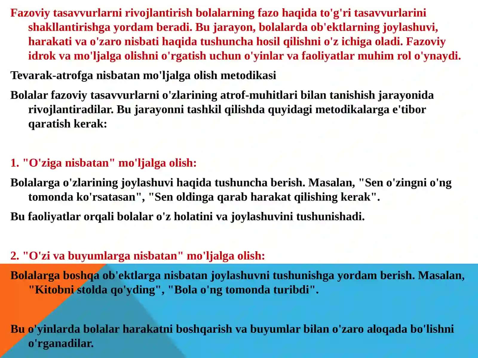 BOLALARDA FAZODA MO’LJAL OLISHNI RIVOJLANTIRISH.IDROK QILISH VA FAZODA MO’LJAL OLISHGA O’RGATISH 4