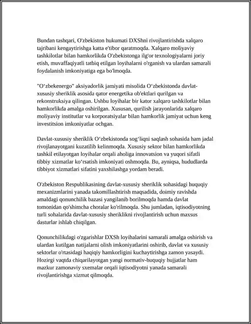 O‘ZBEKISTON IQTISODIYOTIDA DAVLAT-XUSUSIY SHERIKLIK MEXANIZMLARI 4