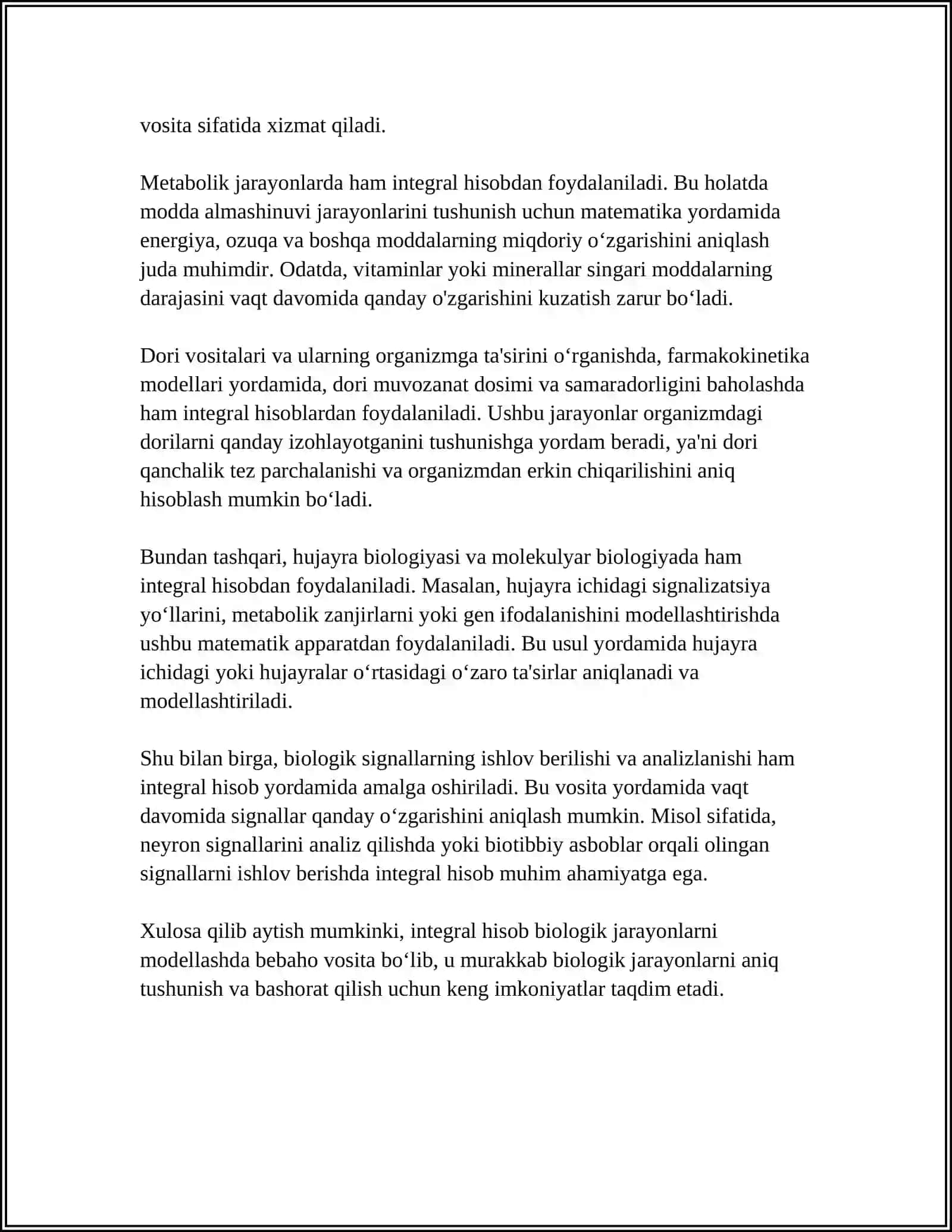 BIOLOGIK JARAYONLARNI MODELLASHTIRISHDA INTEGRAL HISOB TATBIQLARI 4