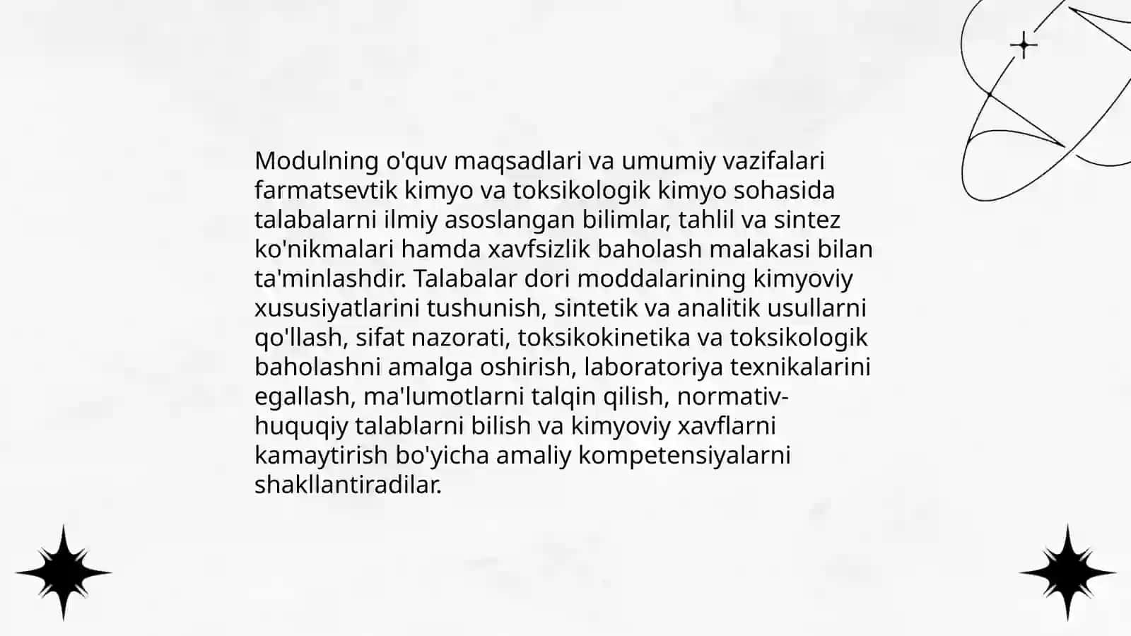 Farmatsevtik kimyo va toksikologik kimyo moduli mohiyati maqsadi va vazifalari 4