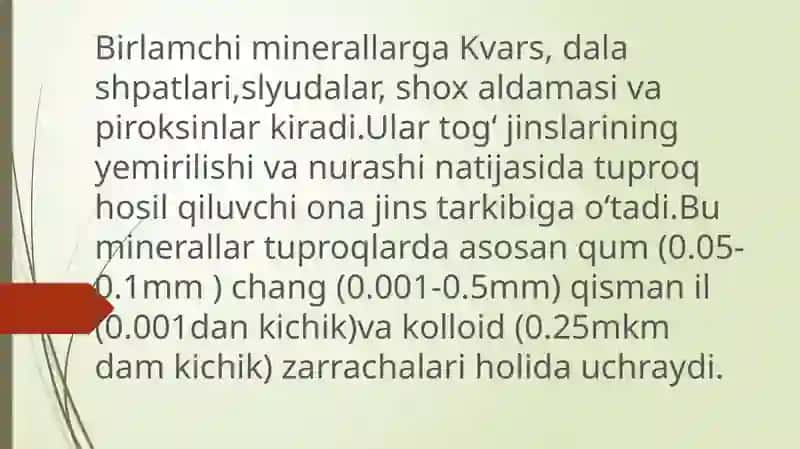 Tuproqning mineral va organik qismi, tuproqdagi oziq moddalar va oʻsimliklarning oziqlanishga layoqatliligi 4