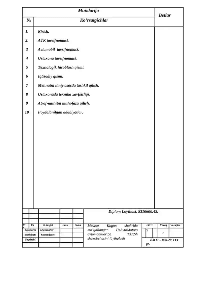 Kogon shahrida mo’ljallangan UzAvtoMotors avtomobillariga TXKSh shaxobchasini loyihalash 4