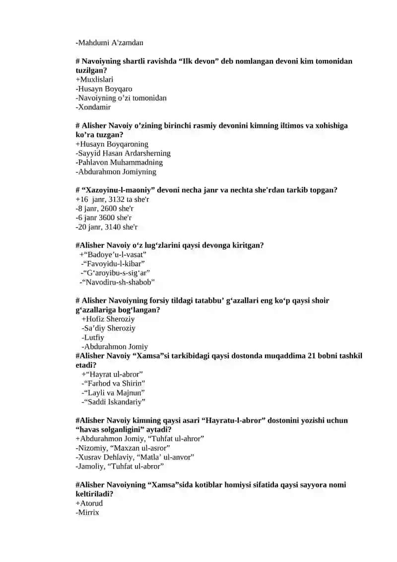 NAVOIYSHUNOSLIK FANIDAN YAKUNIY NAZORAT UCHUN TEST SAVOLLARI 4