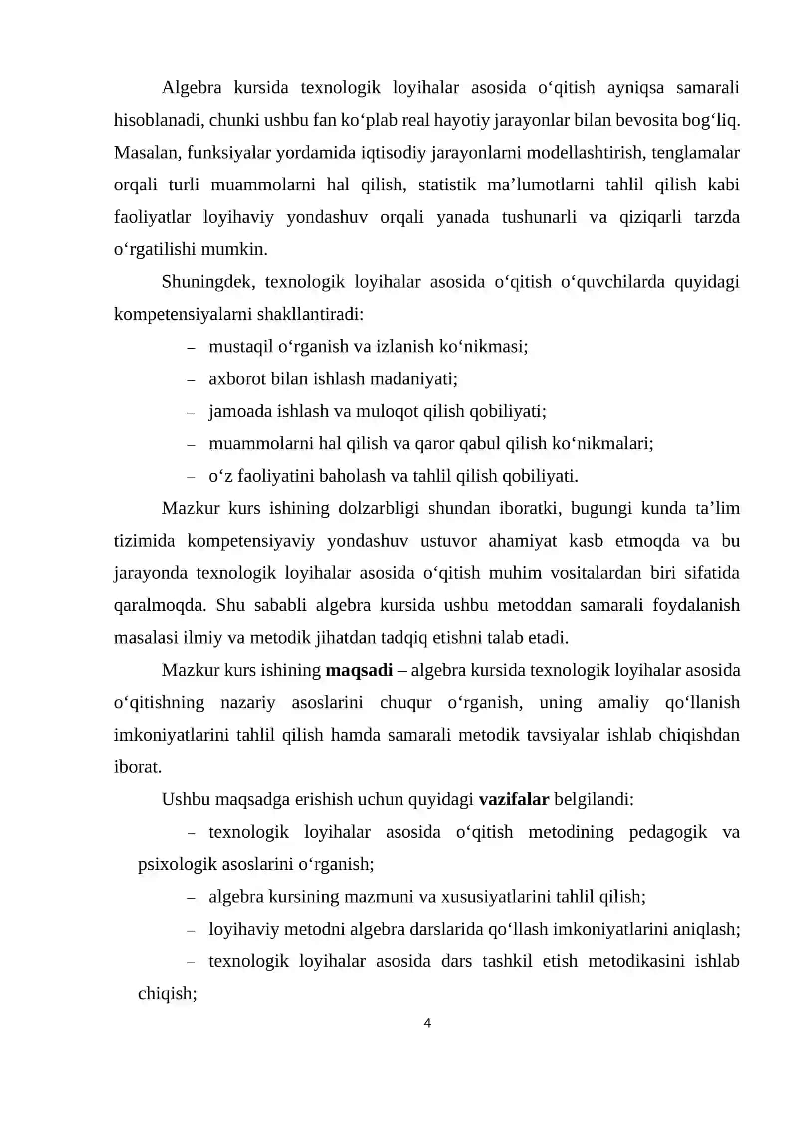 Algebra kursini texnologik loyihalar asosida o`qitish kurs ishi 4