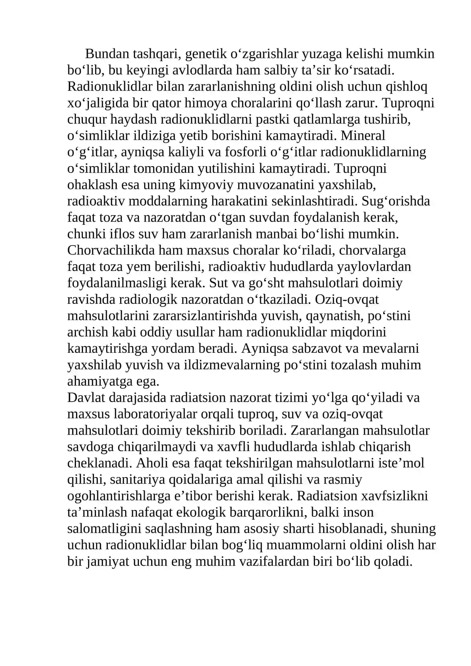 Radionuklidlar bilan oziq-ovqat mahsulotlari va qishloq xo‘jaligi mahsulotlarining zararlanishi hamda ularga qarshi chora-tadbirlar 4