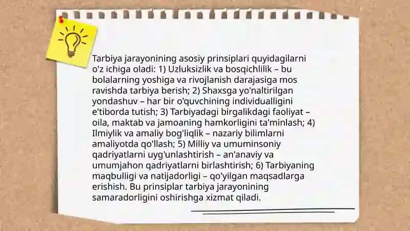 Tarbiya jarayonining mohiyati va mazmuni. Tarbiyaning umumiy metodlari va turlari. 4