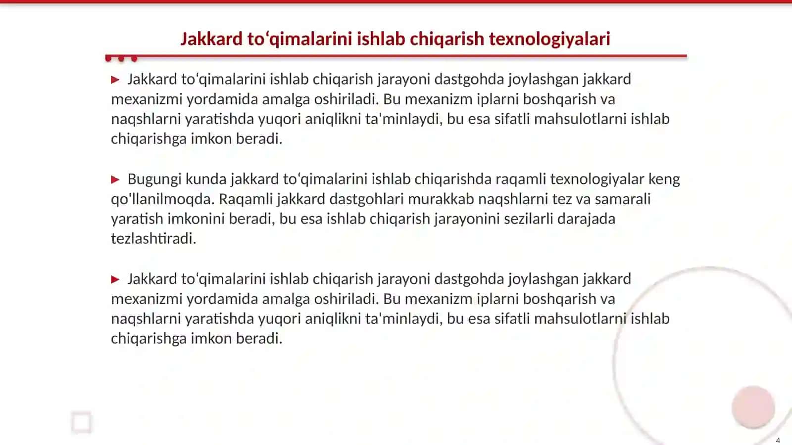 Jakkard to‘qimalarini taxlash bo‘yicha ma’lumotlar(to’qimachilik) 4