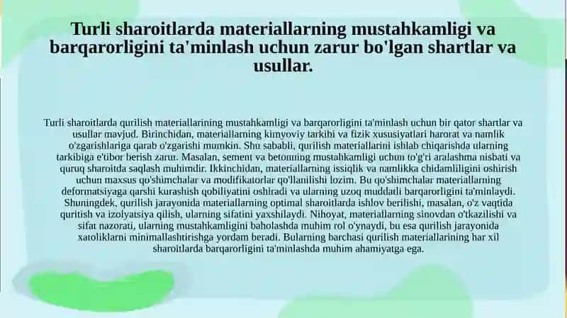 Ishlab chiqarish korxanalarida qurilish materiallariga issiqlik va namlik ishlov berish holati. Har xil sharoit va haroratda material tarkibidagi fizik-kimyoviy o‘zgarishlar 4
