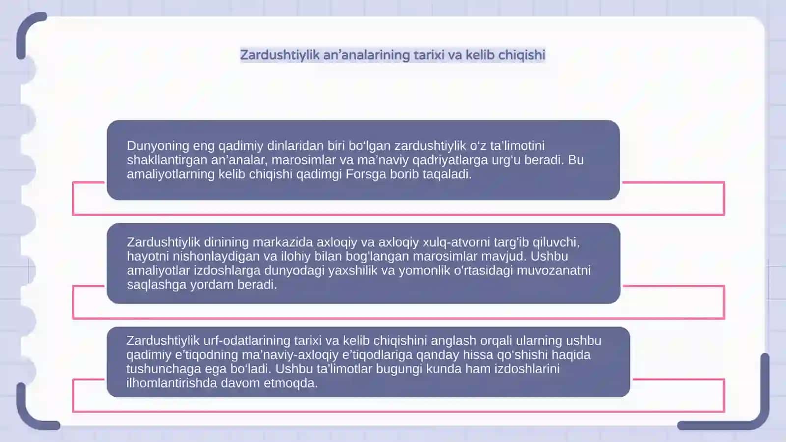 Zardushtiylik taʼlimotida urf -odat marosimlar , maʼnaviy axloqiy qarashlar 4
