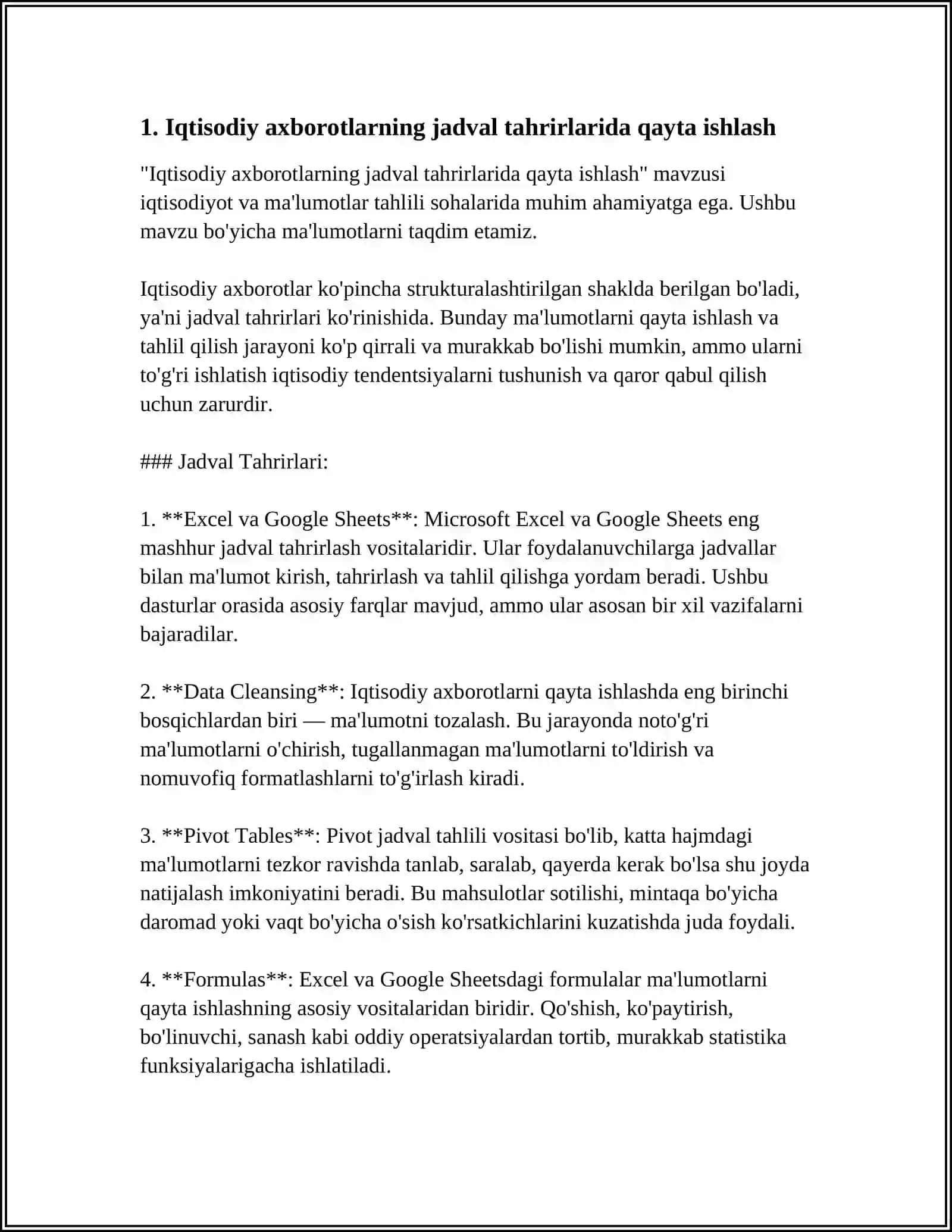 IQTISODIY AXBOROTLARNI JADVAL REDAKTORLARI VOSITALARIDAN FOYDALANGAN HOLDA QAYTA ISHLASH DASTURLARI 4