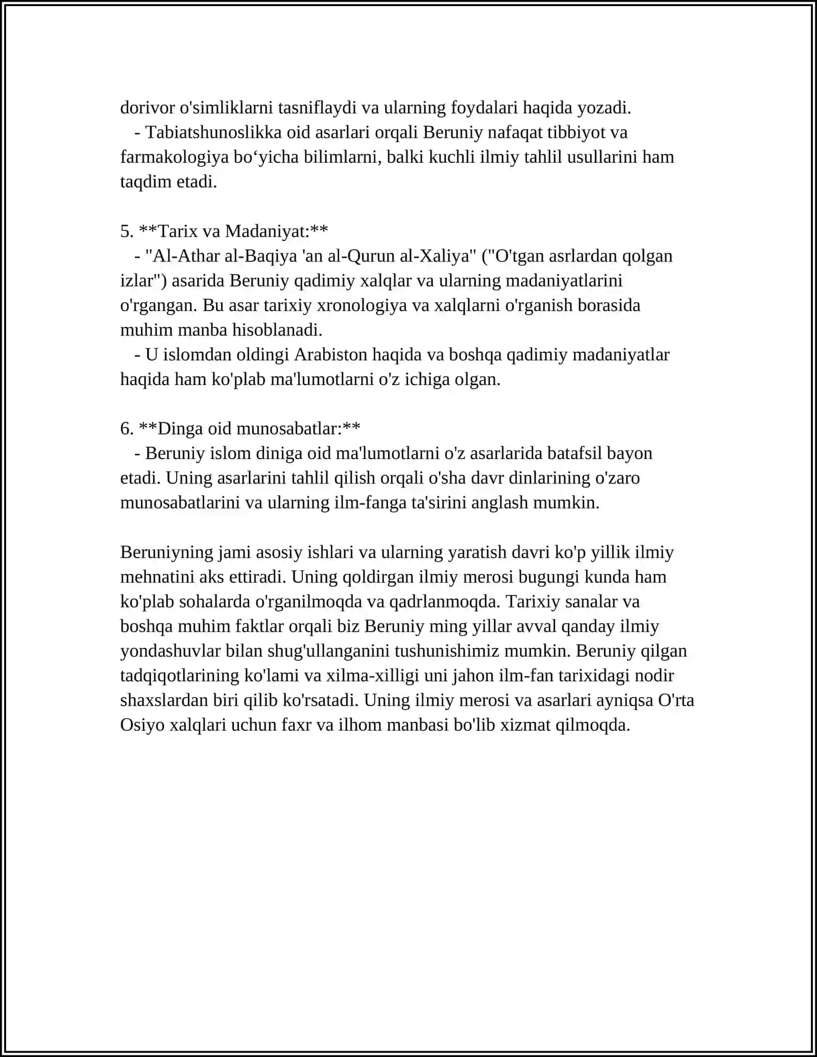 ABU RAYHON BERUNIYNING "QADIMGI XALQLARDAN QOLGAN YODGORLIKLAR"ASARI MUSTAQIL ISH 4