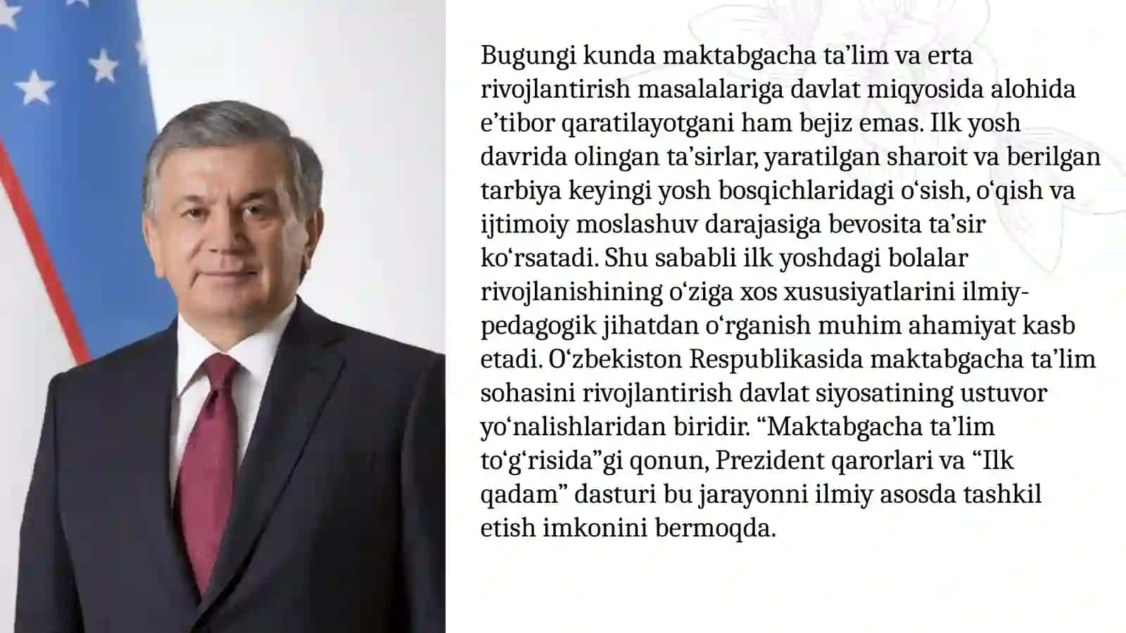 "ILK QADAM O'QUV DASTURI ASOSIDA FAOLIYAT MARKAZLARIDA MAKTABGACHA YOSHDAGI BOLALARNI SEZISH QOBILIYATLARINI RIVOJLANTRISHNI TASHKIL ETISH" 4