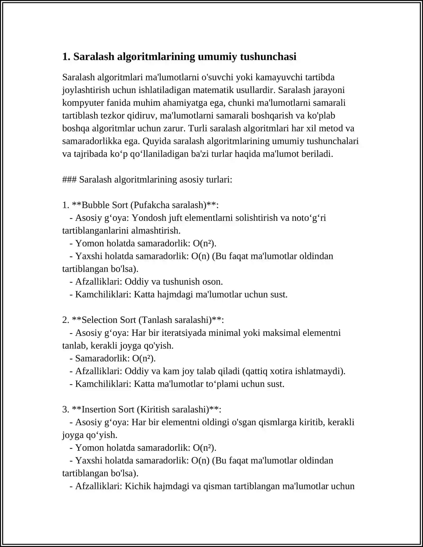 MA'LUMOTLAR SARALASH ALGORITMLARI. SARALASH TUSHUNCHASI VA UNING VAZIFASI 4