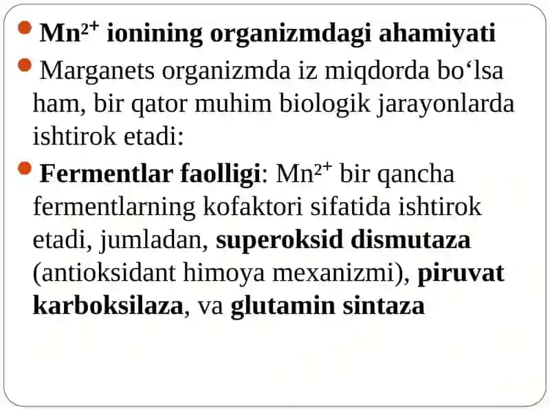 Mn+2kationiniorganizmdagiahamiyati,tibbiyotdaqo'llanishivadorivositalaritarkibidasifathamdamiqdorinianiqlash 4