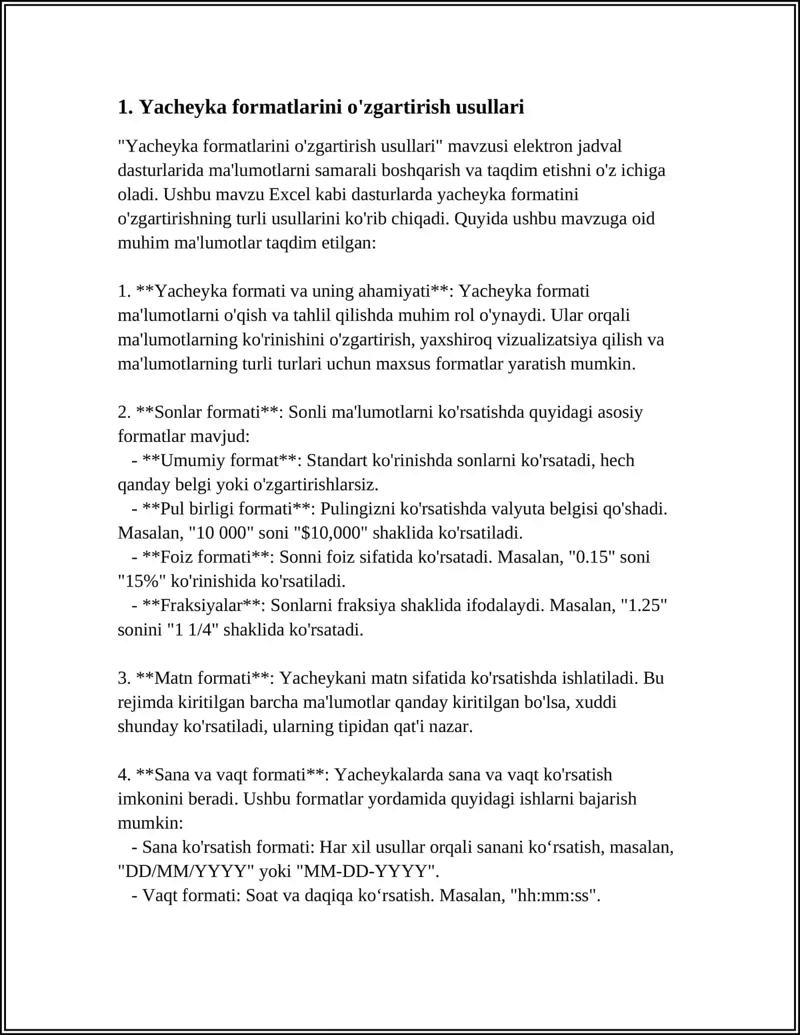 MS EXCEL DASTURIDA KATAKCHALAR FORMATLARINI OʼZGARTIRISH. AVTOTOʼLDIRISH FUNKSIYASIDAN FOYDALANISH 4