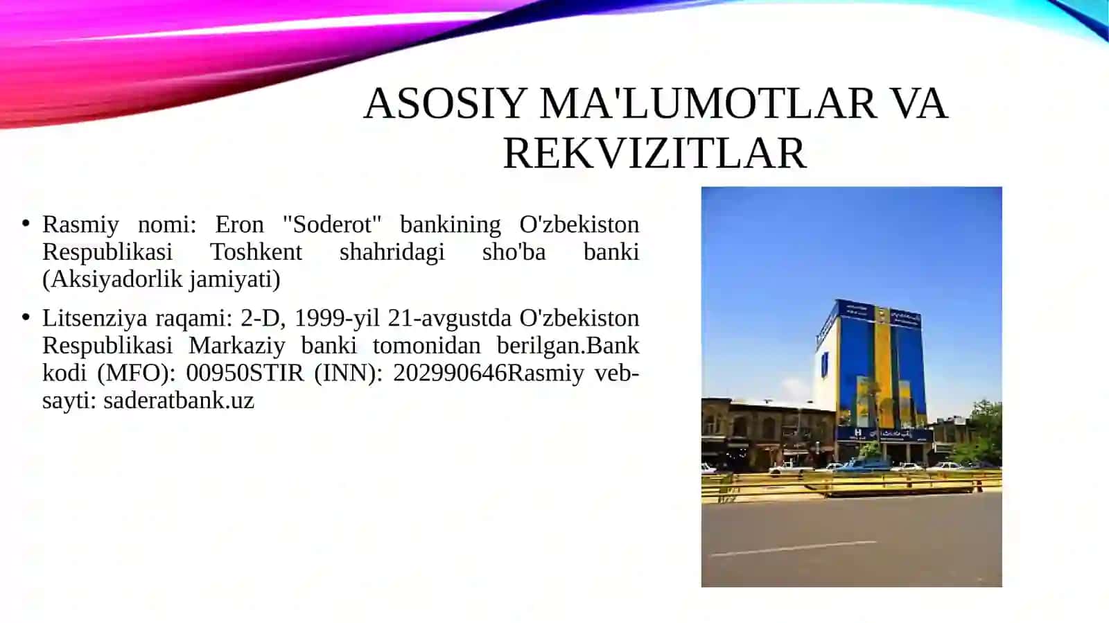 E’ron Soderot bankining toshkent shaxridagi shuba banki 4