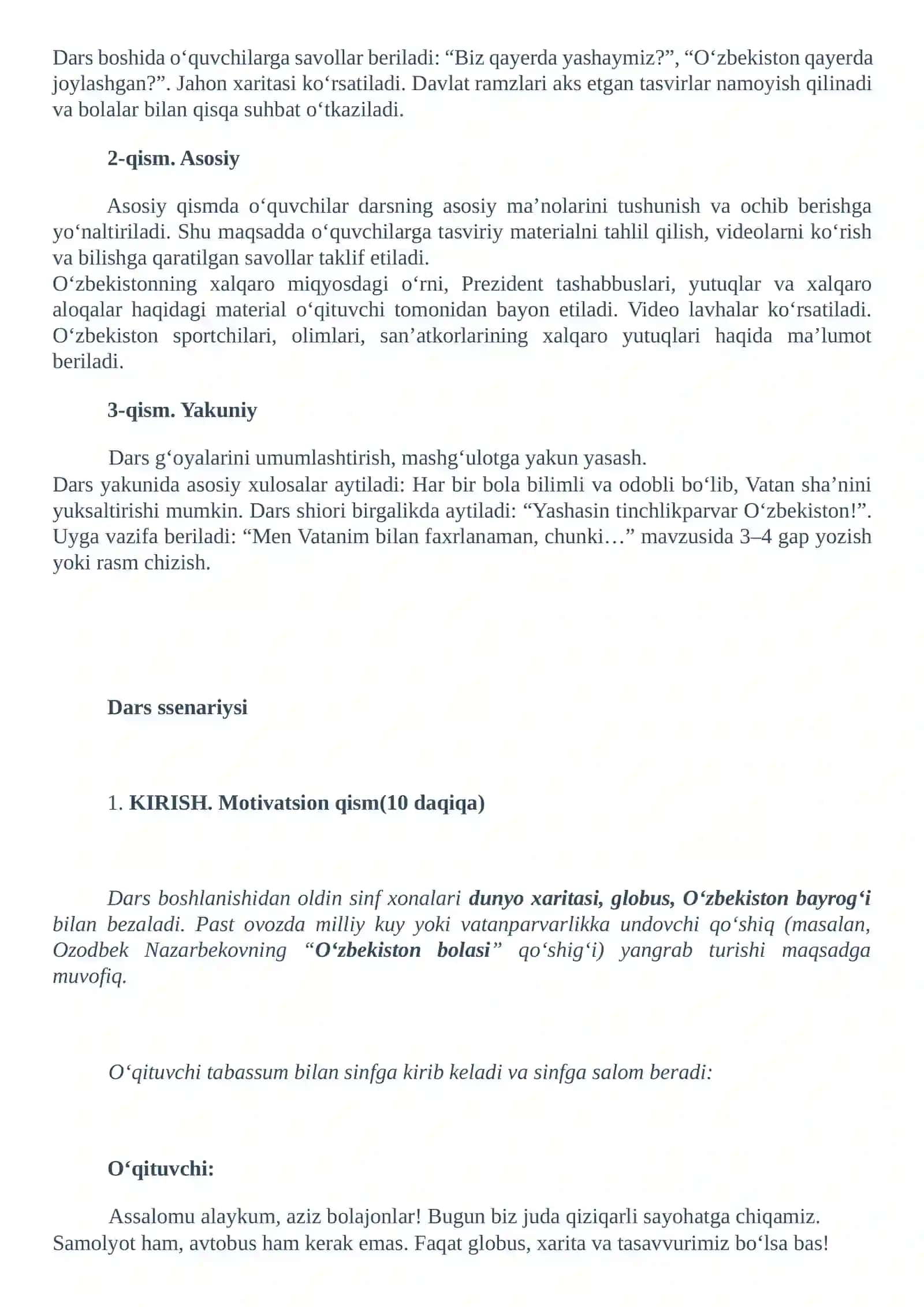 9-mavzu Darsining 1-4 sinflar uchun mashgʻulot ssenariysi: 9-mavzu: “Oʻzbekiston va jahon” 4