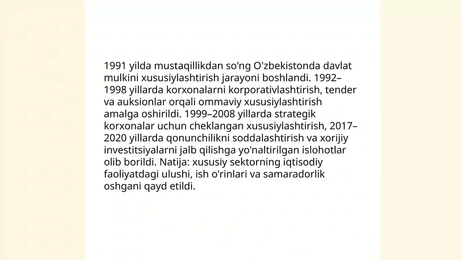 Iqtisodiy islohatlar xususiy mulkchilikning shakillanishi O'zbekistonda bozor munosabatlaining rivojlanishi 4