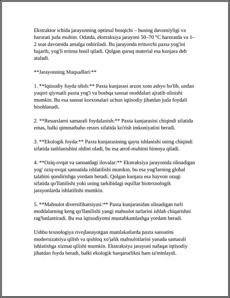PAXTA KUNJARASINI BIR YARUSLI EKSTEXNIK EKSIKATORIDA EKSTRAKSIYA QILISH TEXNOLOGIYASI 4