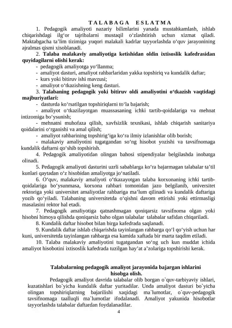 Pedagogik amaliyotni qayd etish bo‘yicha KUNDALIK DAFTARI 4