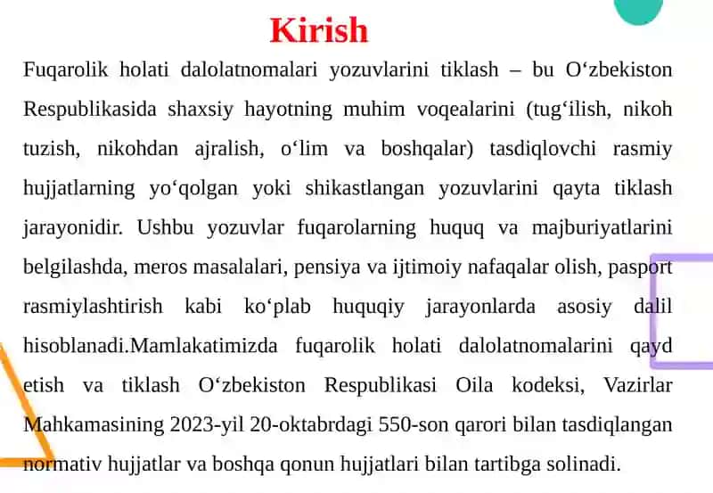 Fuqarolik holati dalolatlari yozuvlari nitiqlash 4