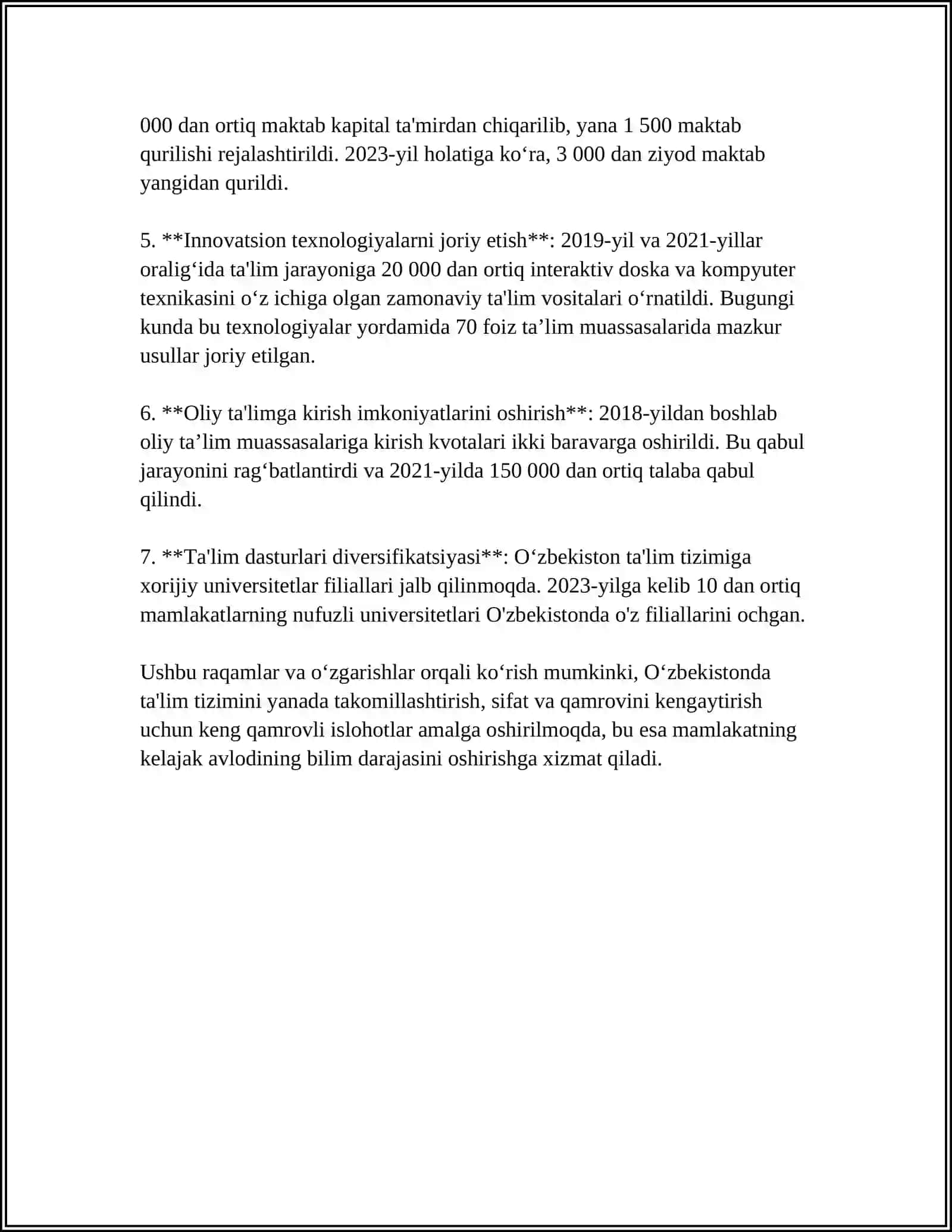 O‘ZBEKISTON RESPUBLIKASIDA TA’LIM SOHASIDA AMALGA OSHIRILGAN ISLOHOTLAR 4