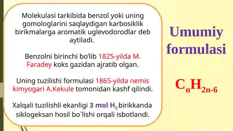 Arenlar. Sinflanishi. Izomeriyasi, nomenklaturasi. Benzol asosida arenlar  sintez qilish. Aromatik halqadagi yo'naltirish qoidasi, I va II tur  o'rinbosarlari. 4