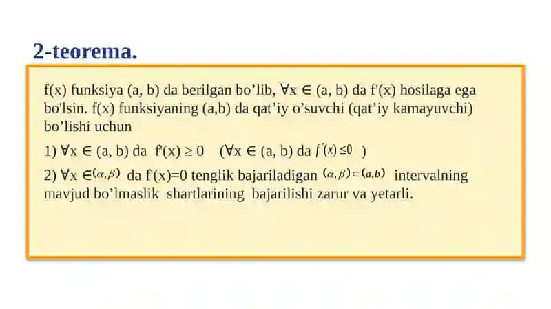 Hosila yordamida funksiyani monotonlikka tekshirish. Funksiya ekstremumi, ularni hosila yordamida topish 4