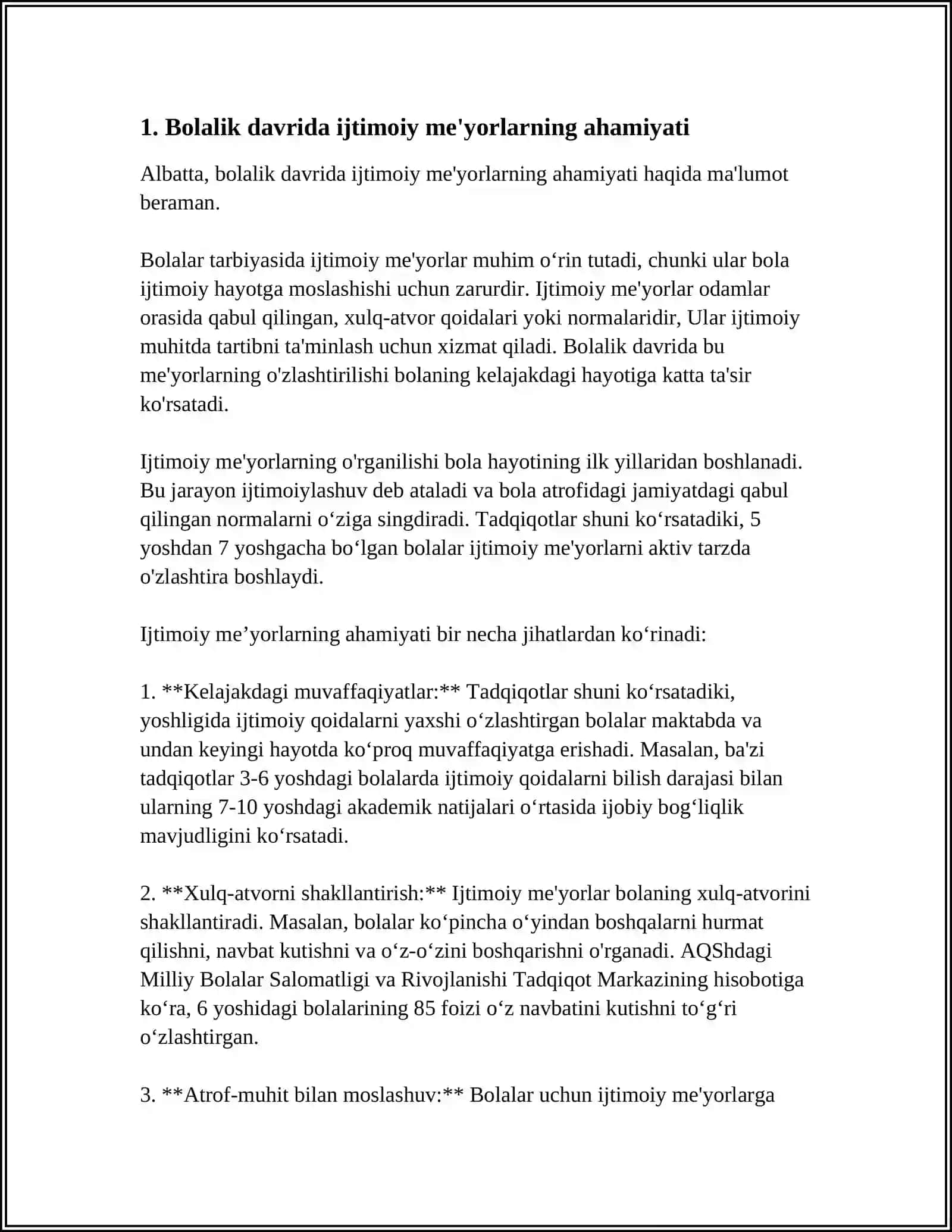 BOLALIK INSONNING IJTIMOIY HAYOT MEYORLARINI EGALAY BOSHLASH DAVRI 4