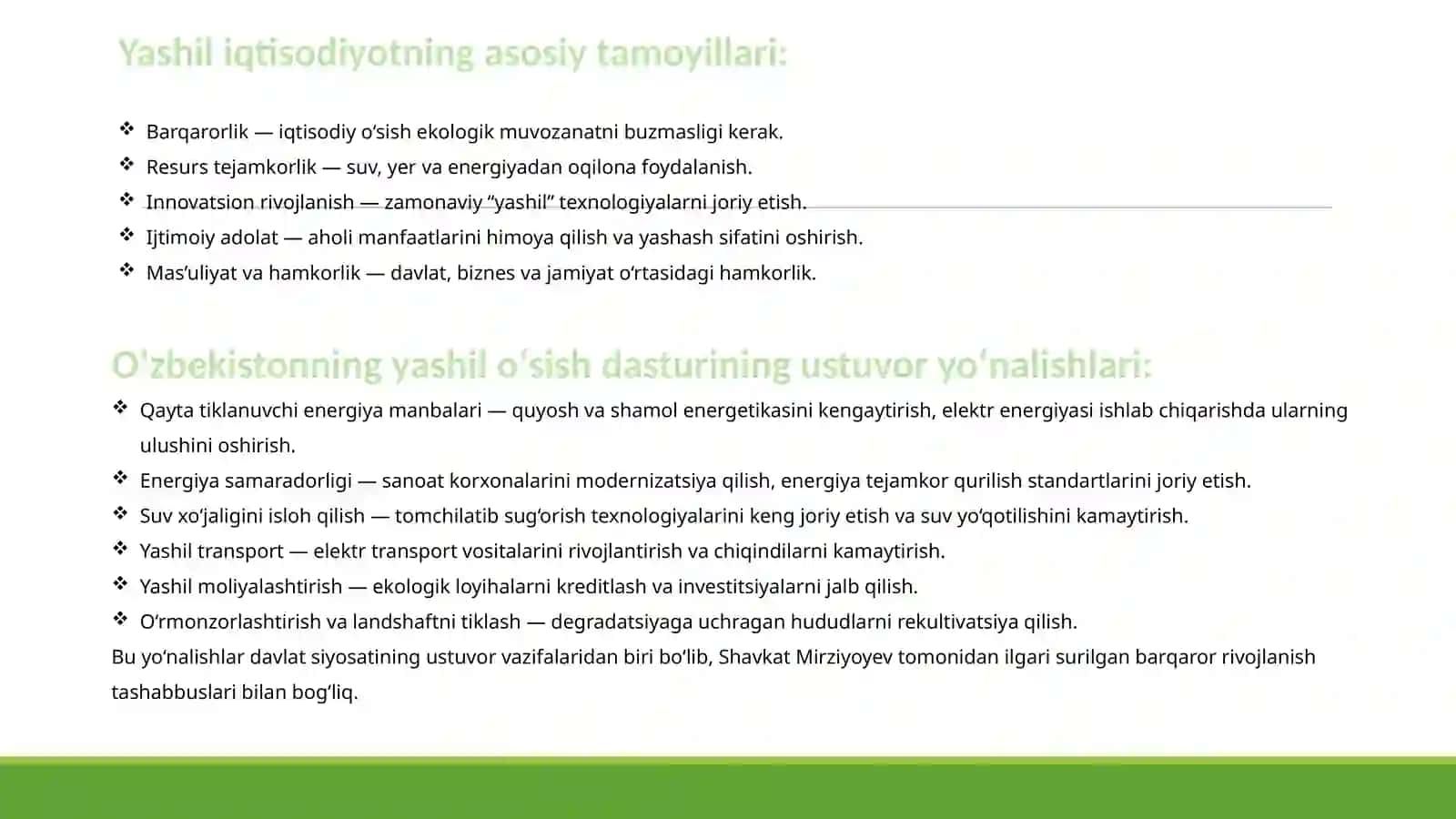 YASHIL IQTISODIYOT ASOSLARI. O'ZBEKISTON RESPUBLIKASINING YASHIL IQTISODIYOTGA O'TISH VA YASHIL O'SISHNI TA'MINLASH DASTURI. 4