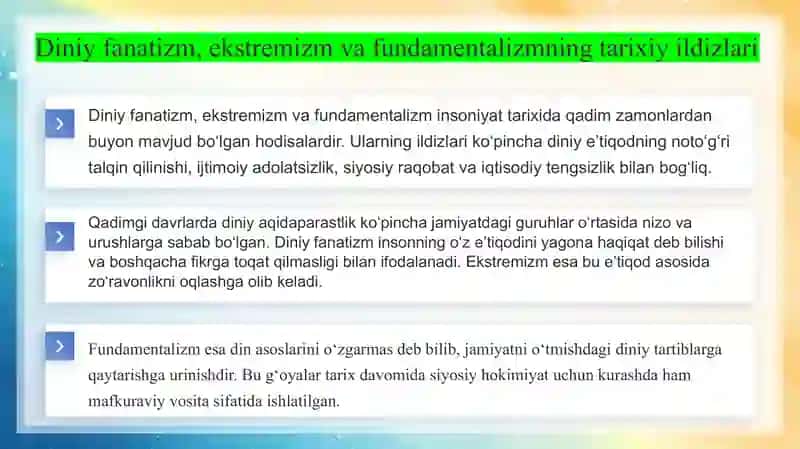 Diniy fanatizm, ekstremizm, fundamentalizm, terrorizmning tarixi va ularning hozirgi davrda xavfsizlikka tahdidi 4