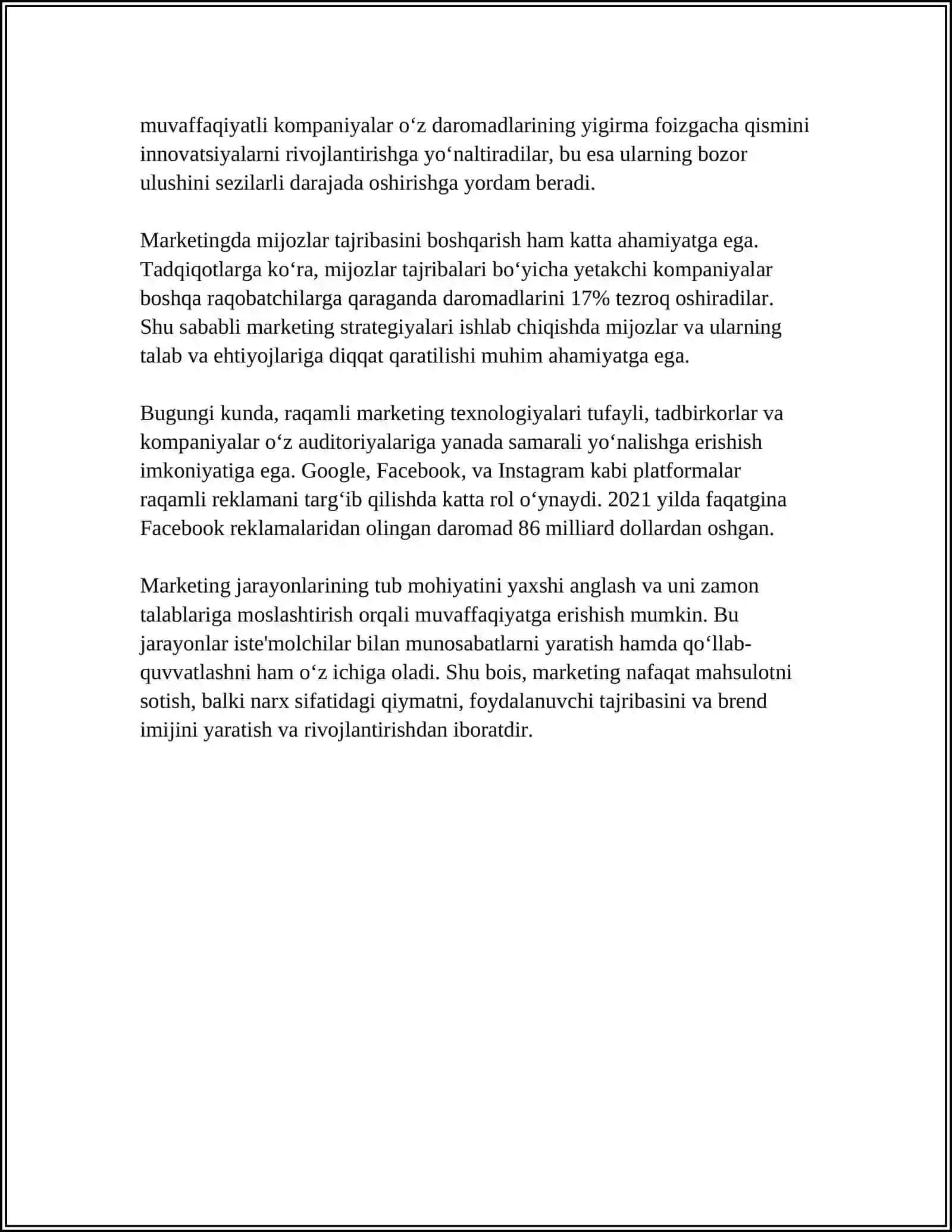 MARKETING VA UNING BOZORDAGI O’RNI 4
