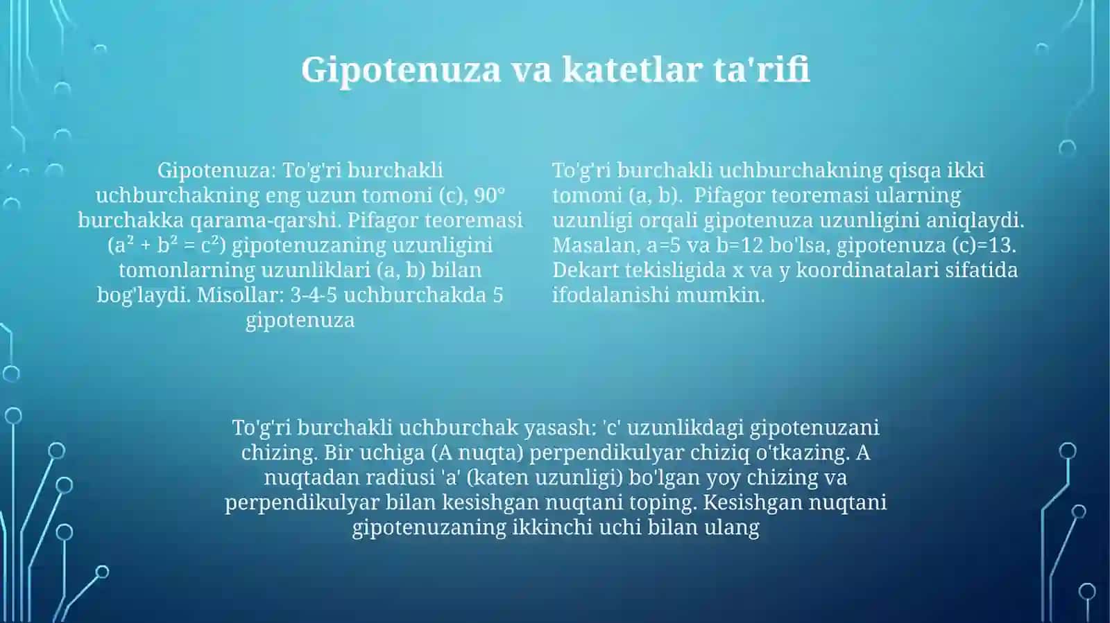 Gipotenuzasi va kateti boyicha tuĝri burchakli uchburchak yasash 4