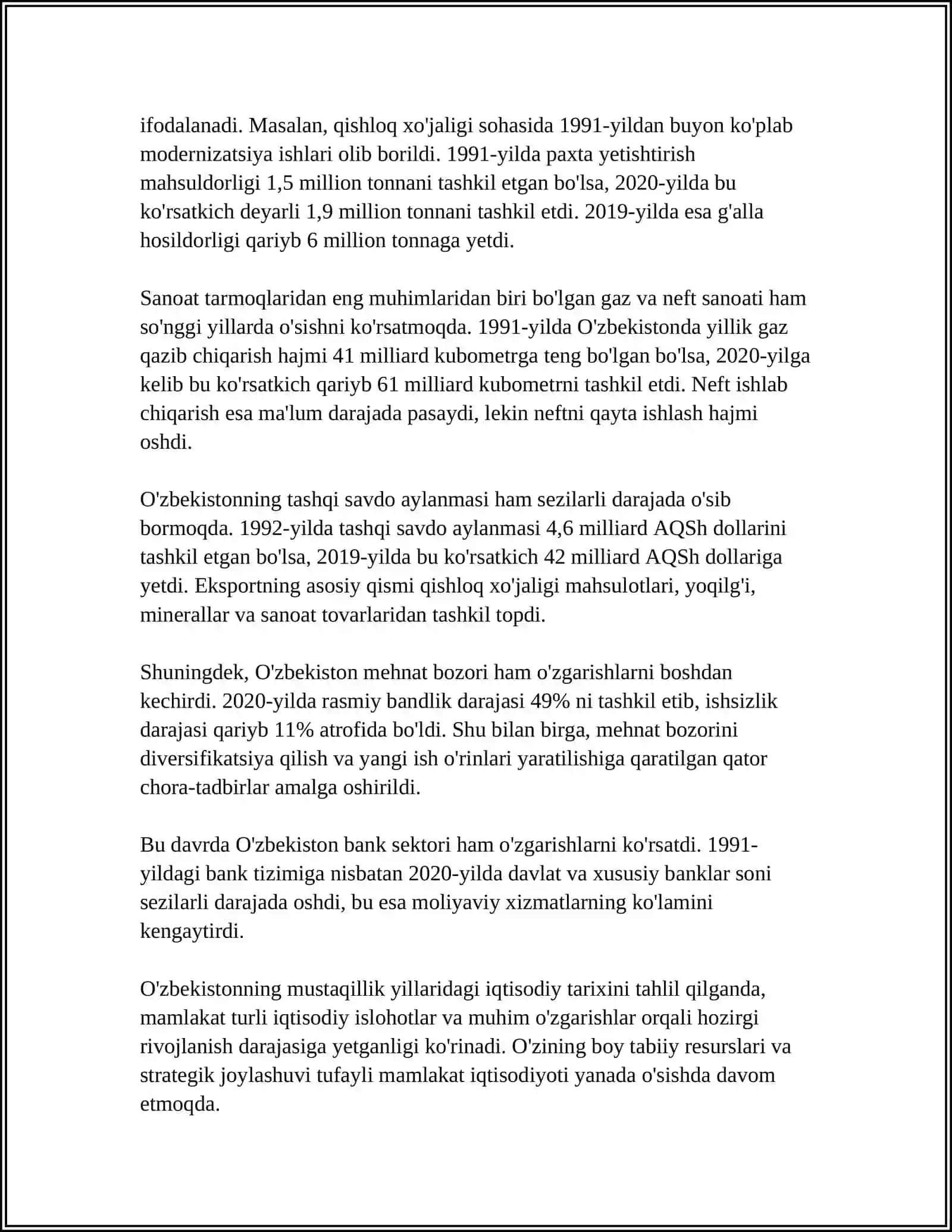 MUSTAAQILIK YILLARIDA ÔZBEKISTONDA RESPUBLIKASI RIVOJLANISHNING MARROIQTISODIY KÓRSATKICHLARNI TAHLILI 4