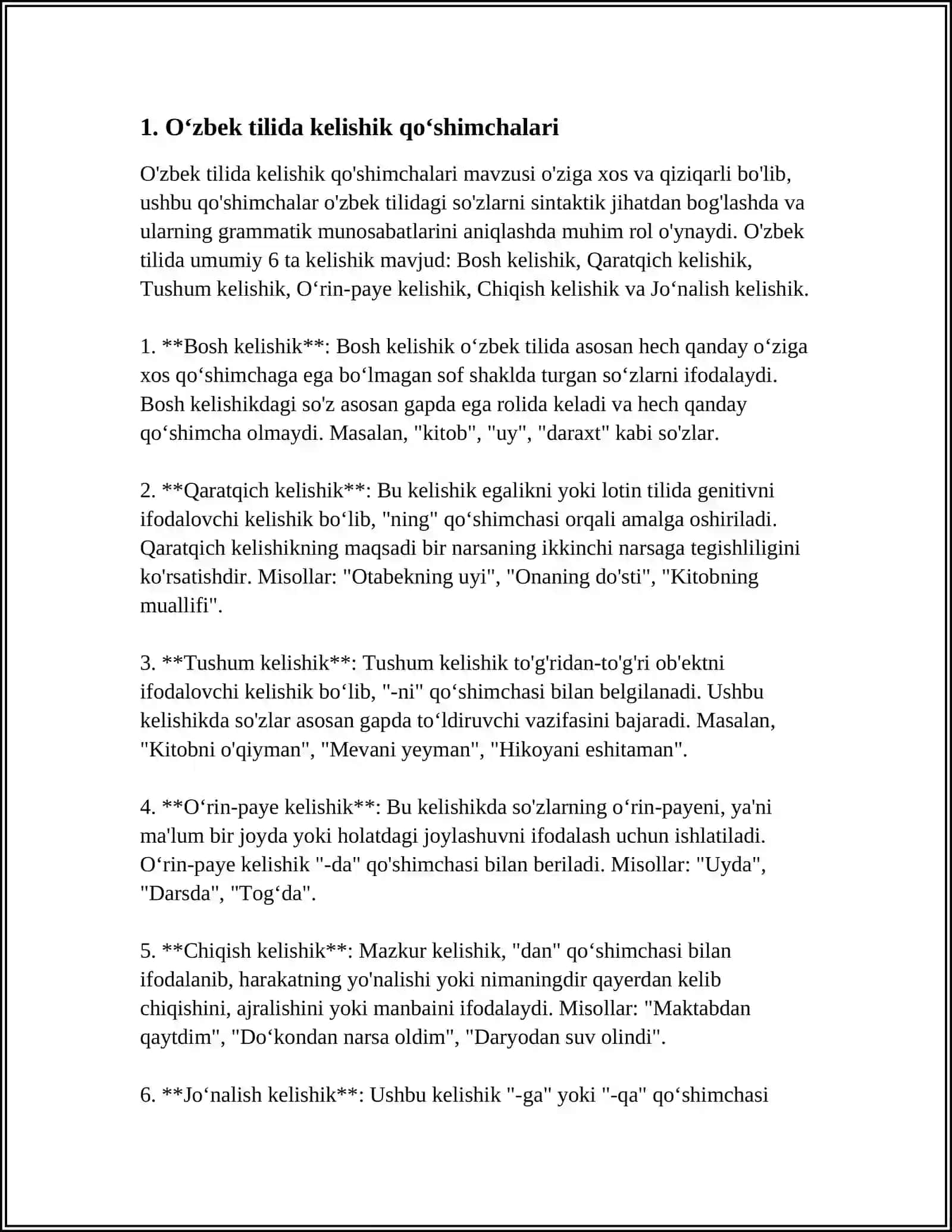 Oʻzbekcha Kelishik Qoʻshimchalarining Uygʻur, Turkman, Qoraqalpoq, Qoʻz, Qirgʻiz Matnlarida Muvofiqlari 4